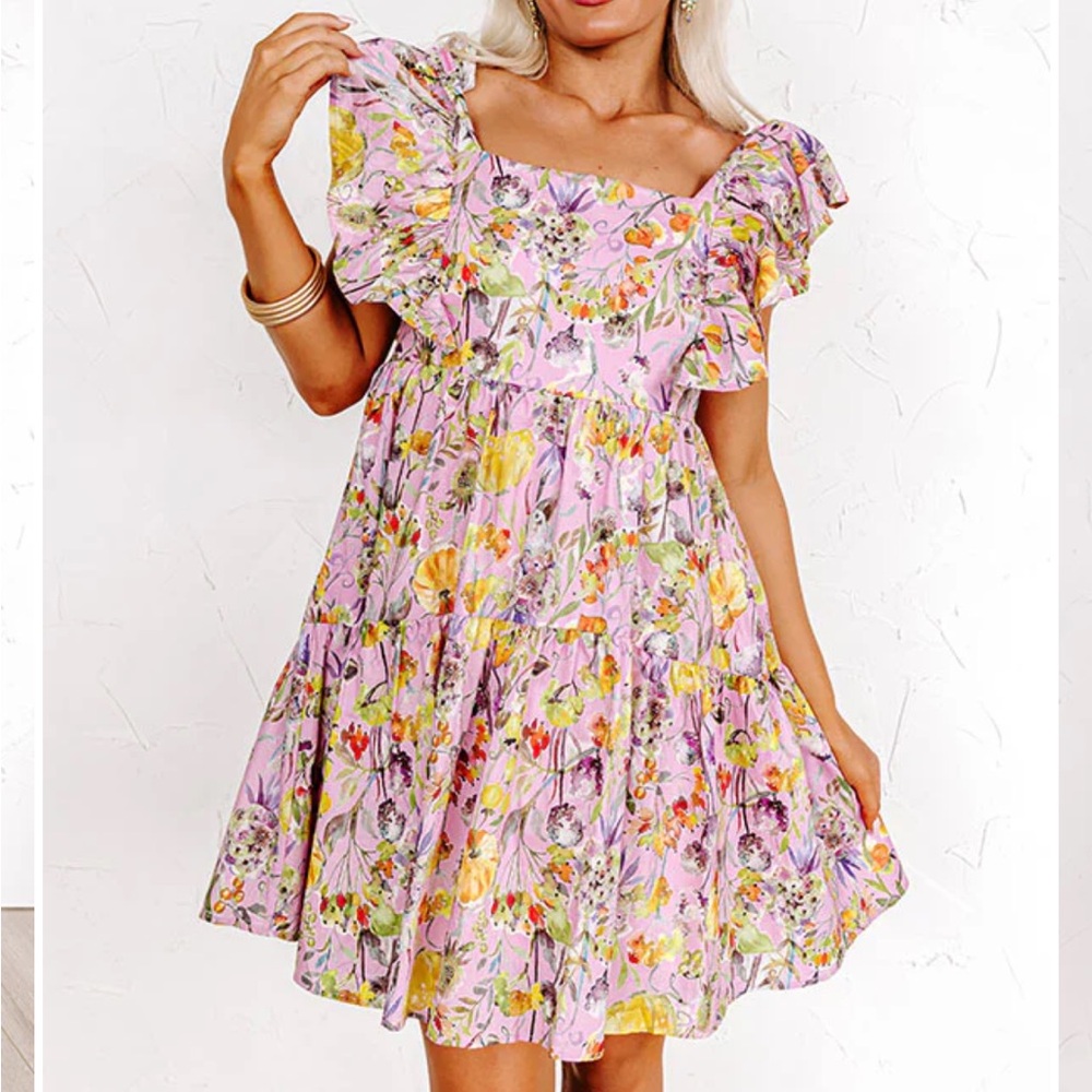Entro Floral Ruffle Mini Dress - Pink and Yellow